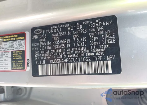 2015 Hyundai Santa Fe Gls z USA, uszkodzony, nr VIN KM8SN4HF6FU111062